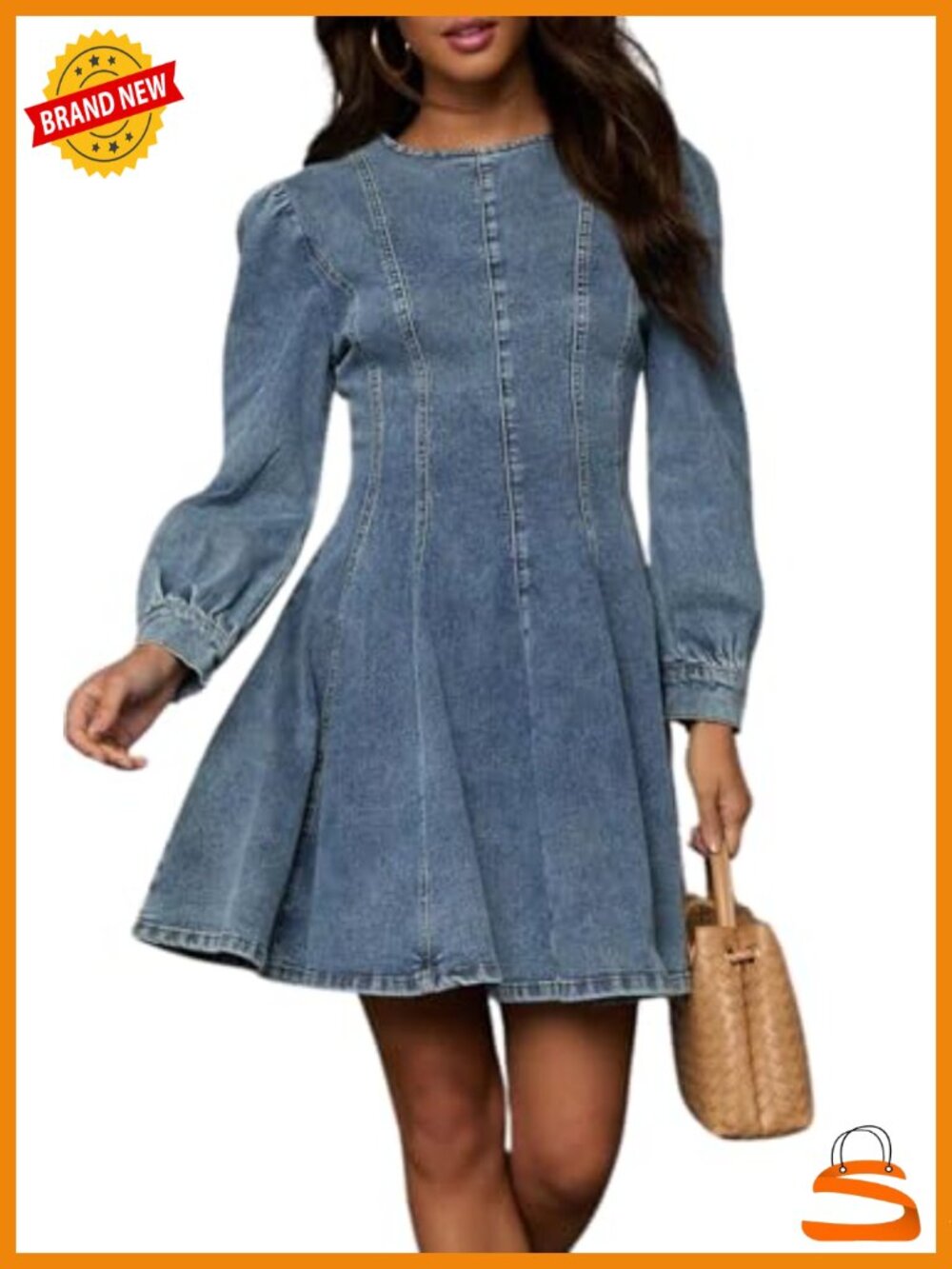 yoeasy Women's Denim Babydoll Dress Long Sleeve A-Line Ruffle Hem Mini